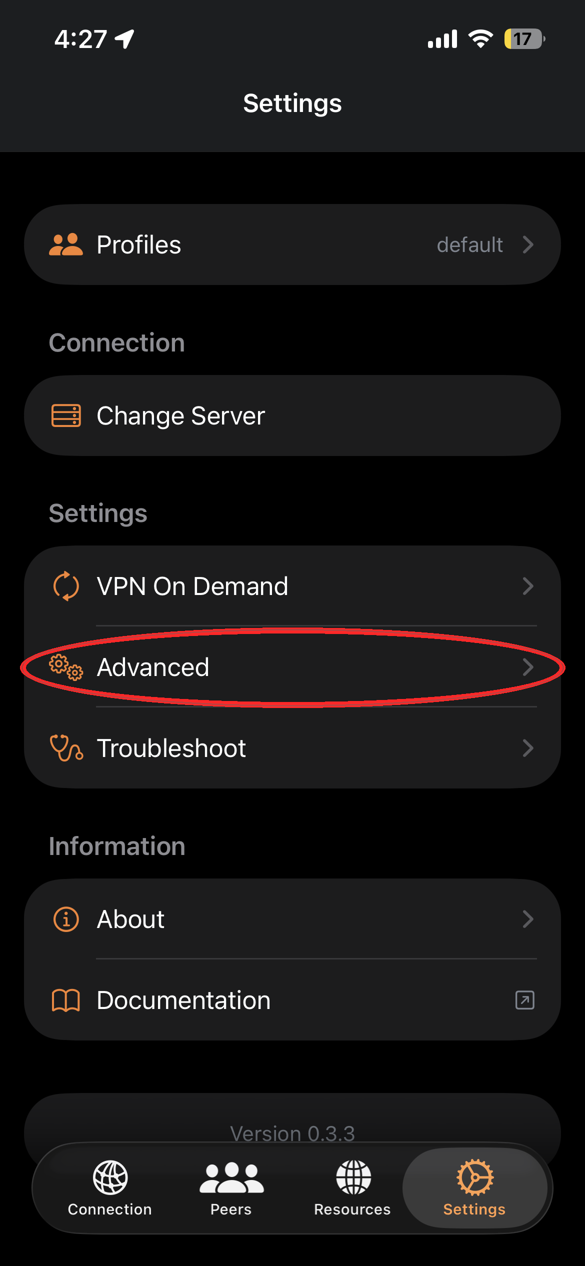 NetBird mobile Settings — Advanced